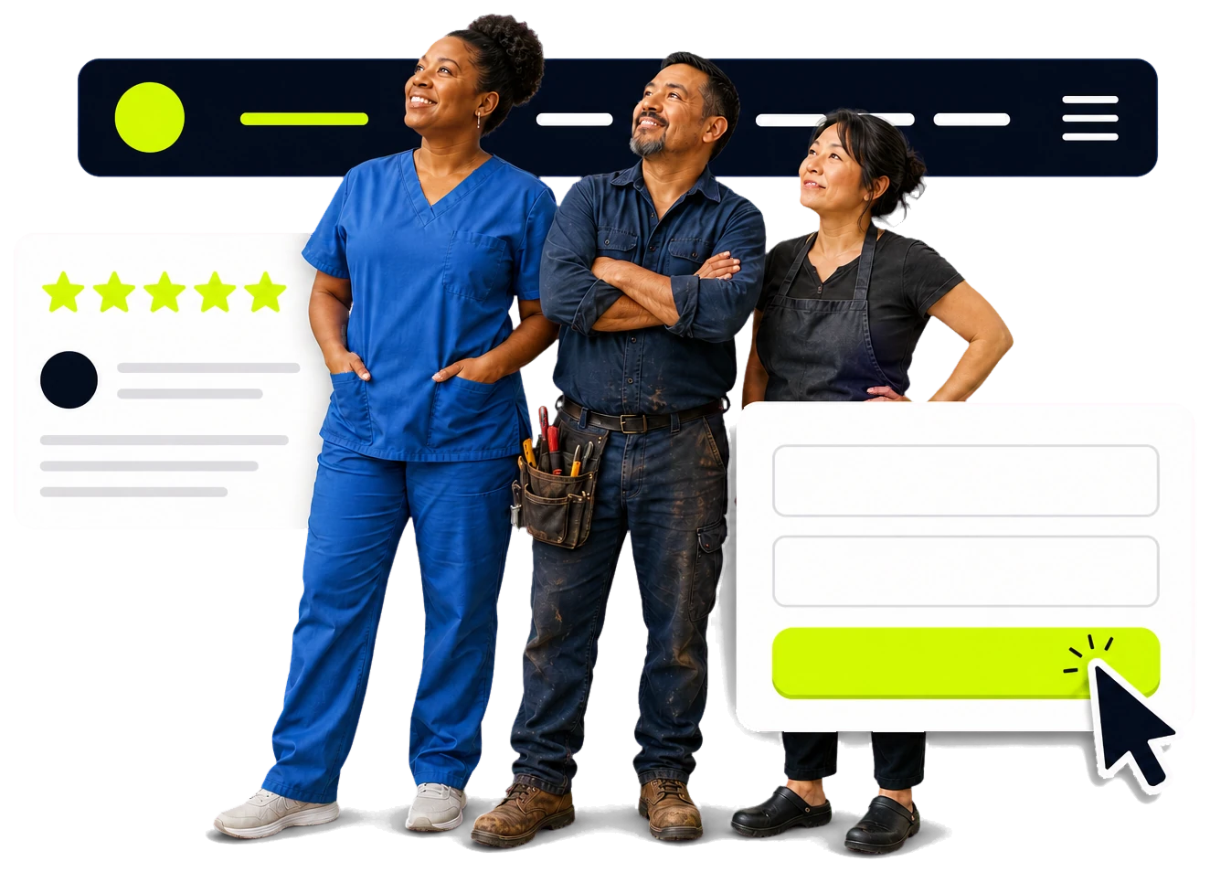 Local healthcare, home-service, and hospitality business owners inside an assembled website interface